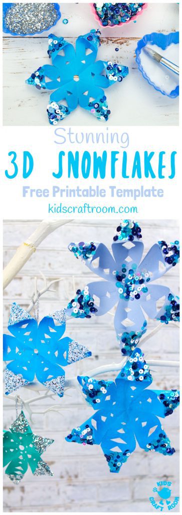 STUNNING 3D SNOWFLAKE CRAFT - perfect for hanging on the Christmas tree or for Winter themed fun! A Winter craft with a difference! ( free printable template) #snowflakes #christmas #ornaments #christmascrafts #wintercrafts #winteractivities #snow #kidscrafts #kidscraftroom