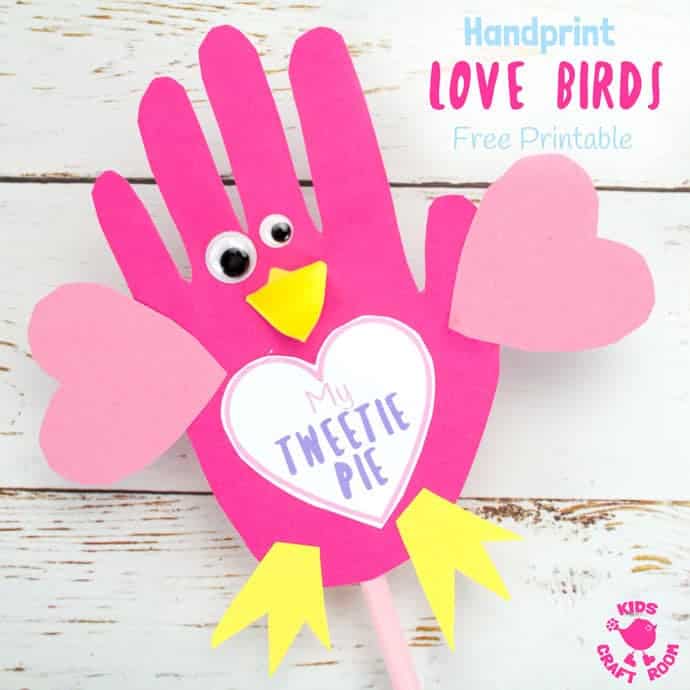 HANDPRINT LOVE BIRDS with Free Printable Template. Use them as puppets or greeting cards these Handprint Love Birds are the sweetest, or should I say tweetest little bird craft around and just perfect for Valentine's Day or Mother's Day. Too tweet for words! #handprintcrafts #valentine #valentines #valentinesday #valentinecrafts #valentinescrafts #birds #lovebirds #kidscrafts #valentinesforkids #kidscrafts101
