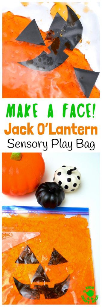 Make-A-Face Jack O'Lantern Sensory Play Bag - a fun mess free Halloween and Autumn sensory play idea kids will love. A great way to engage the senses and help kids learn and play. Squash and squish the sensory bag to move the Jack O'Lantern's face pieces around. Can you get everything in the right place? Can you make him look silly? Can you turn his face up-side-down? Sensory play ideas are such fun!