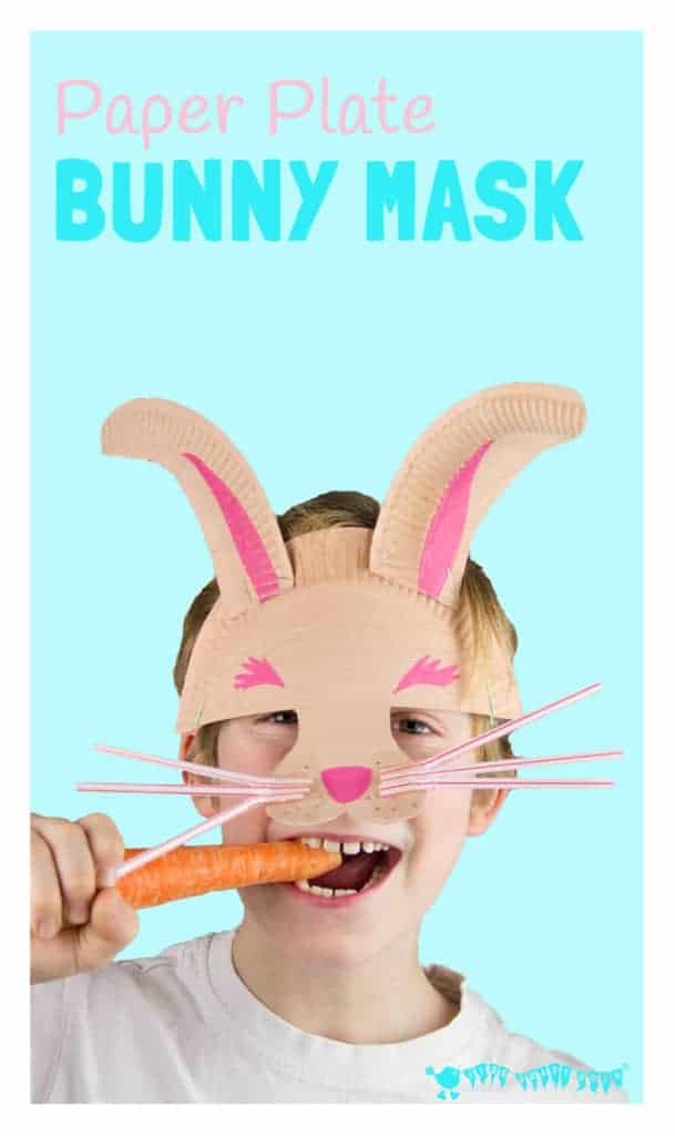 PAPER PLATE BUNNY RABBIT MASK with whiskers - great for imaginative play. A fun paper plate Easter bunny rabbit craft for kids. #easter #eastercrafts #rabbit #rabbitcrafts #bunny #easterbunny #bunnycrafts #paperplates #paperplatecrafts #kidscrafts #craftsforkids #masks #maskcrafts #costumes #dressingup #pretendplay #play #playideas #dramaticplay #imaginativeplay #kidscraftroom #springcrafts