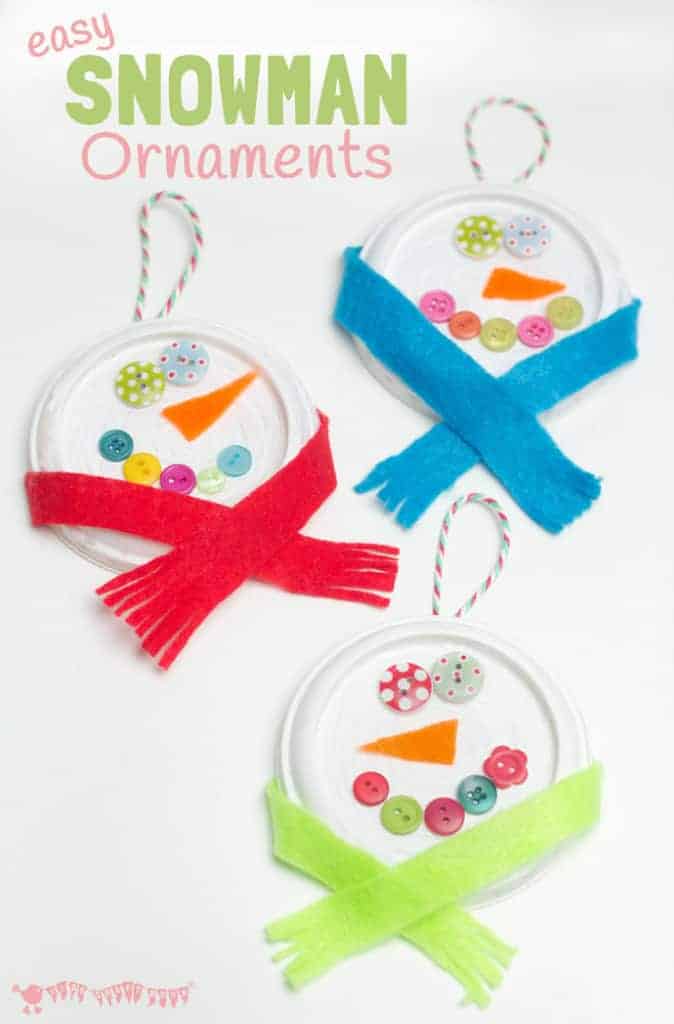 BUTTON SNOWMAN ORNAMENTS - Button eyes and snug scarves make these the cutest snowman craft for kids to make this Winter. A thrifty recycled Christmas and Winter craft for kids. #snowman #snowmancrafts #buttoncrafts #kidscrafts #ornaments #christmas #christmascrafts #winter #wintercrafts #recycledcrafts #wintercraftsforkids #craftideasforkids #kidscraftroom