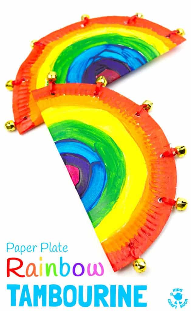 RAINBOW PAPER PLATE TAMBOURINE CRAFT - A fab homemade musical instrument to inspire creativity and fun. Kids will love to sing and dance with colourful rainbow paper plate tambourines.