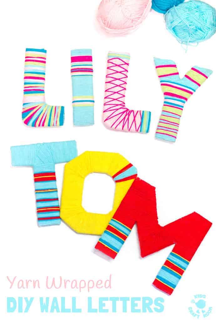 Kids and grown-ups will love this Yarn Wrapped DIY Wall Letter Craft. A cheap DIY hack to make bright wall letter displays for around the home. kidscraftroom #yarncrafts #letters #cardboardletters #wallart #wallletters #recycledcrafts #namecrafts #yarnwrapping